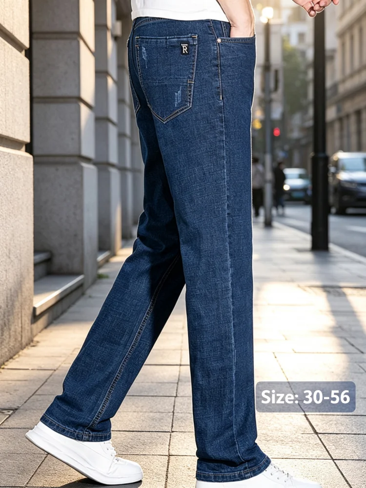 Autumn Thick Jeans 200KG Men Big 56 54 Stretched Brand Elastic Plus Size Male High Waist Pants Loose Summer Thin Denim Trousers