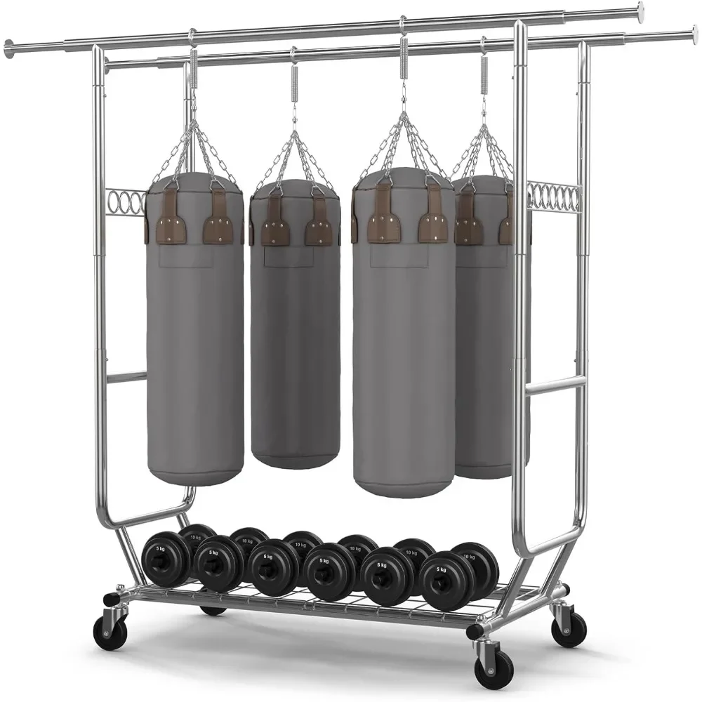 

Double Clothing Garment Rack with Shelves Capacity 600 lbs Clothing Racks on Wheels Rolling Clothes Rack for Hanging Clothes