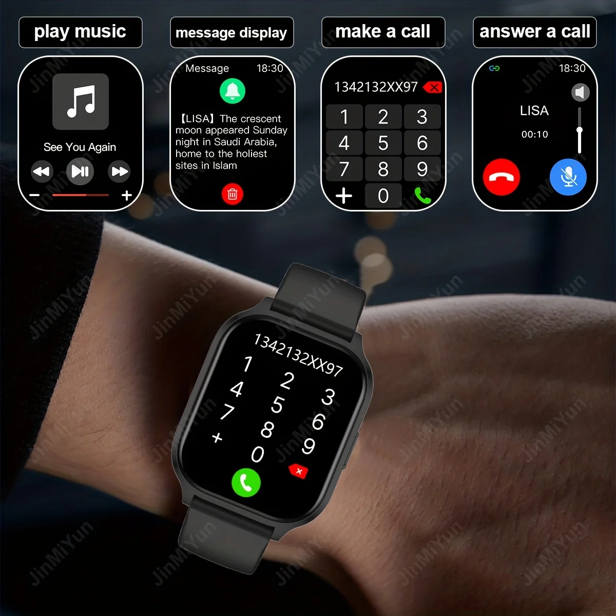 Smartwatch com Tela Touch Screen Quadrada de 2.01 Polegadas, Contador de Passos, Calorias, Carregamento USB, Alarme para iPhone e Android