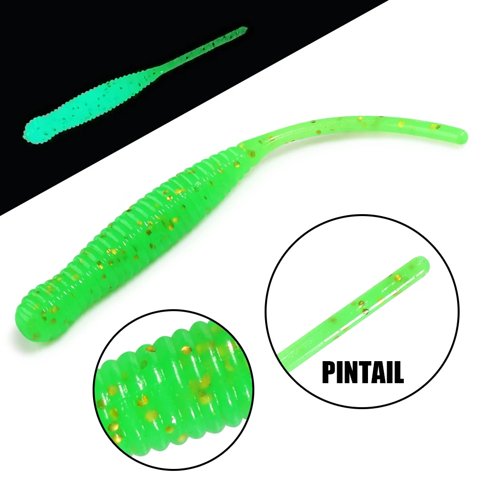 Spinpoler Single Needle Tail Worm Micro 44mm Fishing Lure Ajing Small Rockfish Silicone Isca Artificial Bait Luminous Jig 20pc