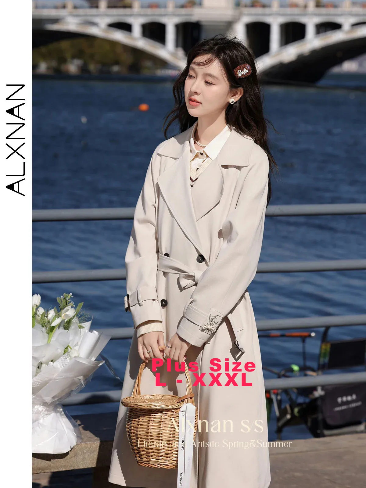 

ALXNAN Plus Size Women's Long Trench Coat 2025 Fall Turn Down Collar Windbreaker Casual Loose-fit Office Lady Midi Coats D12505