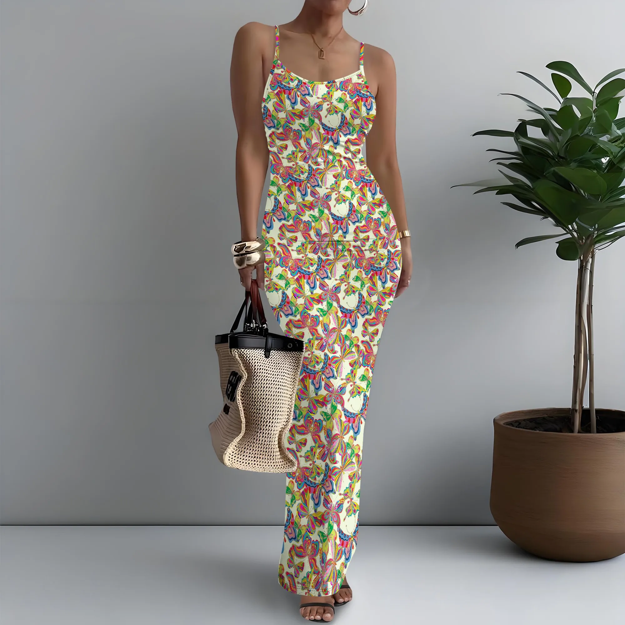 

Women's Spaghetti Strap Maxi Dress Retro Vintage Butterfly Print Classic XS-3XL