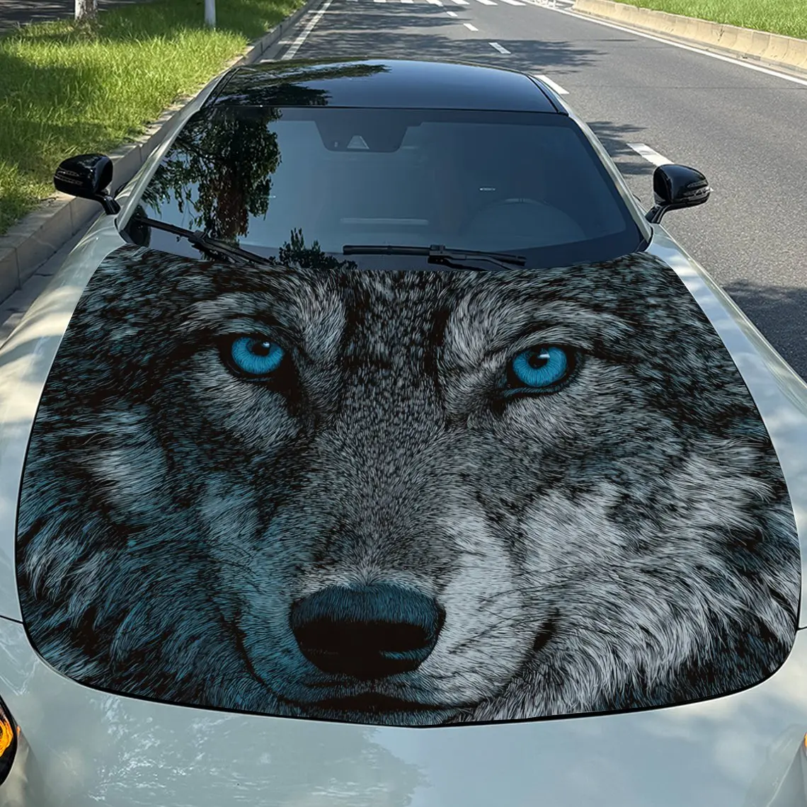 Car Decals Wolf Head Design with a Wolf's Face Featuring Striking Blue Eyes, Exuding a Wild and Piercing Aura Car Hood Sticker,