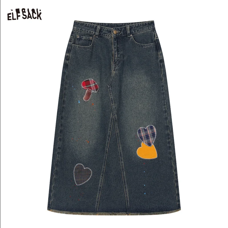 ELFSACK 2024 Autumn New Arrivals Heart Frayed American Denim Skirt for Women Splash Ink Design Long Skirt