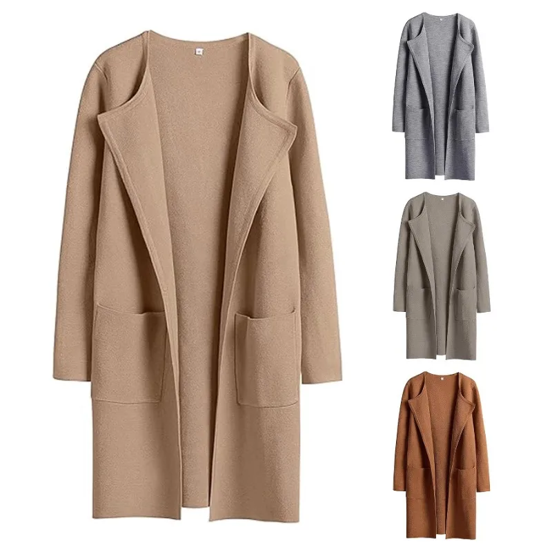 

Women Beautiful Corrugated Water Ripples Long Overcoat Pure Robe Coats Solid V-neck Long-sleeved Loose Simple Outerwear