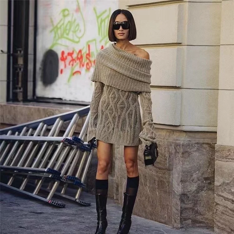 

Women Off Shoulder Twisted Pattern Lazy Style Long Sleeve Wool Sweater Mini Dress