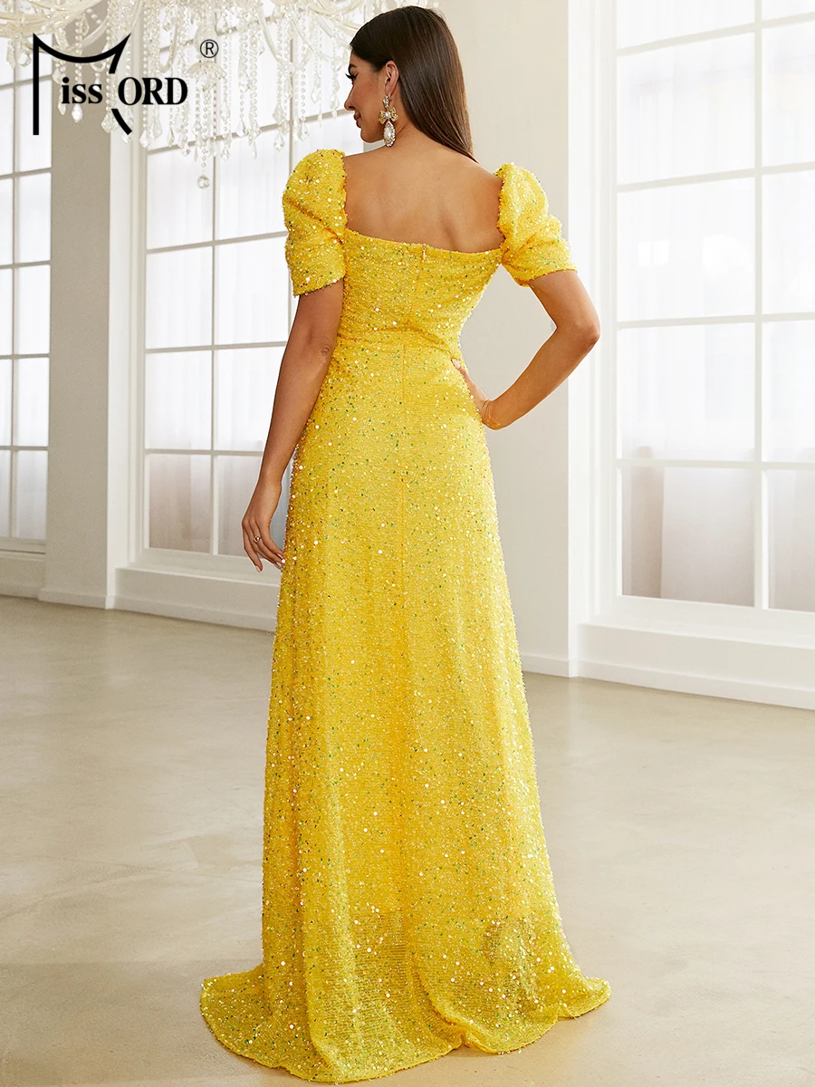 Missord Yellow Sequin Evening Dress Women Elegant Sweetheart Neck Puff Sleeves A-line Maxi Party Prom Dresses Female Long Gown