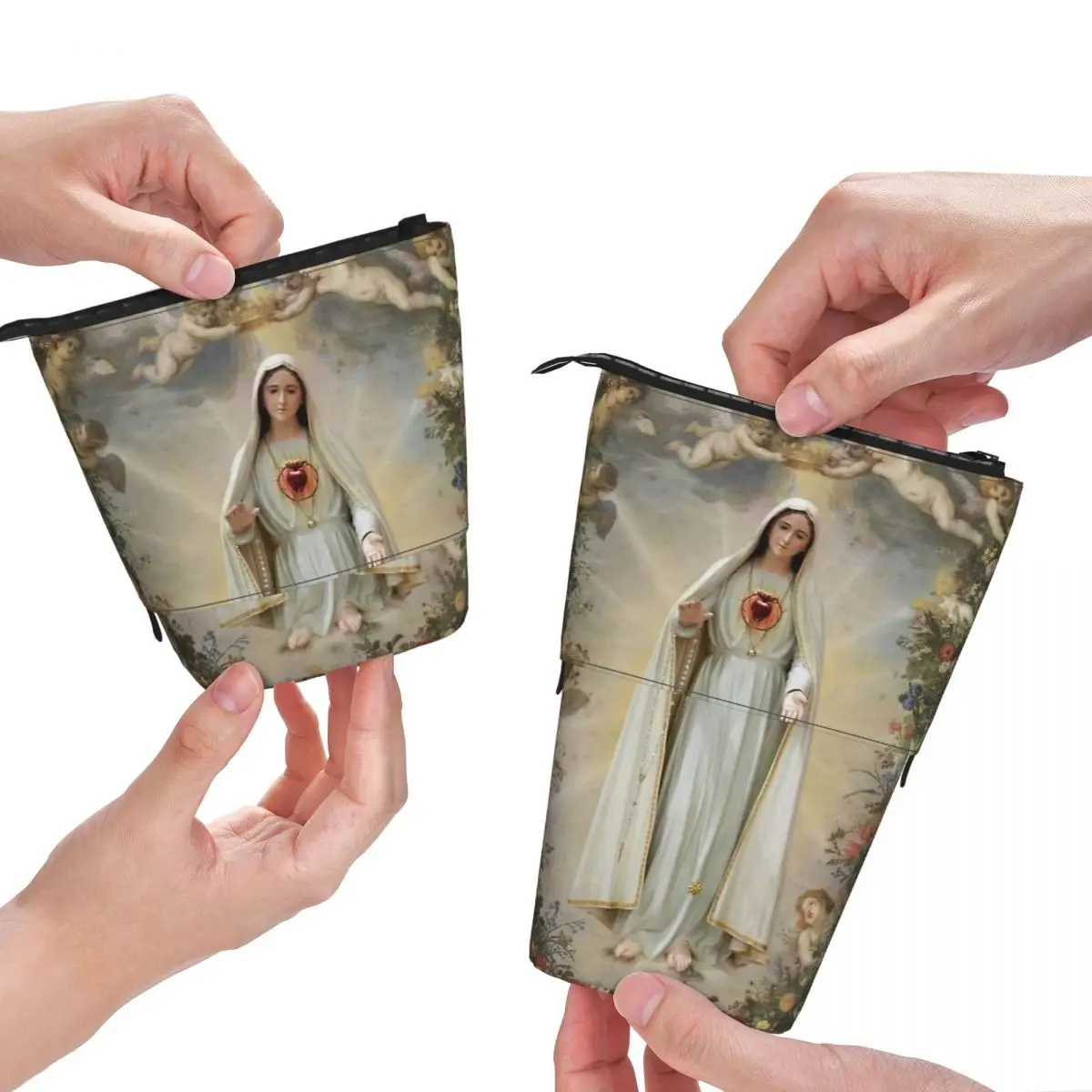 Caja de bolígrafos de la Virgen María Inmaculada Corazón de María, bolsa de bolígrafos con cremallera para estudiantes, bolsa de papelería para niños, estuche de lápices retráctil