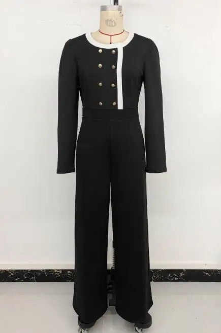 

2025 Autumn Winter New Fashion Casual Elegant Temperament Contrasting Long Sleeved Double Breasted Long Jumpsuit Womens Jumpsuit