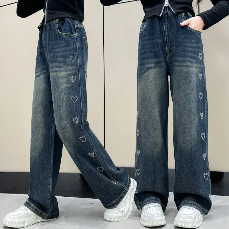 Calças jeans para meninas, calças jeans de perna larga na moda, jeans de perna reta para crianças, primavera e outono