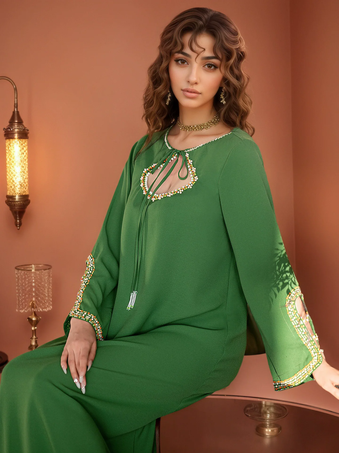 Ramadan Muslim new women's clothing European and American light luxury long sleeved loose slit fashion dress with diamonds