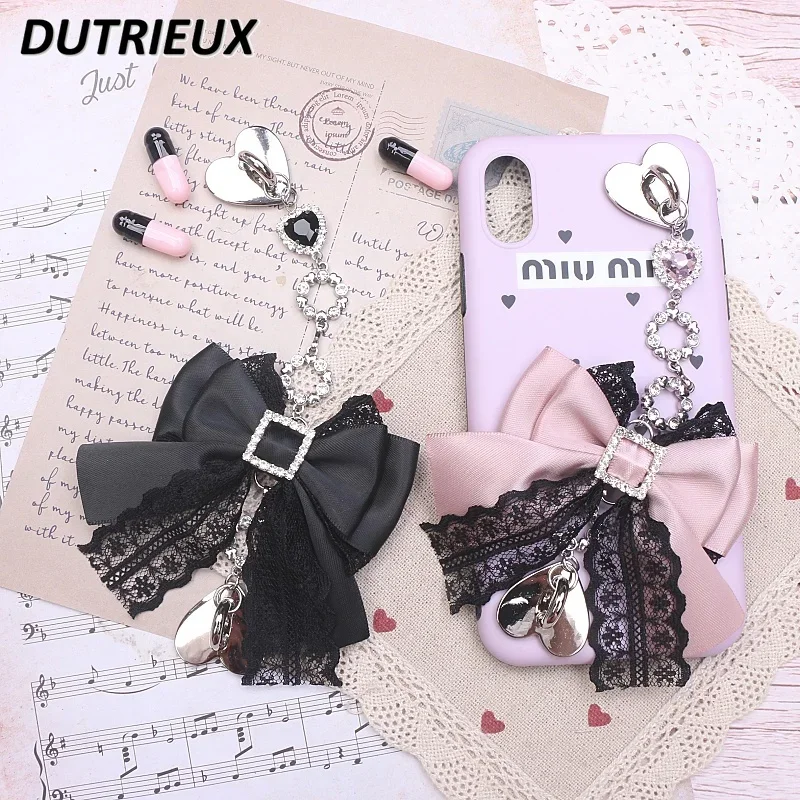 Cute Handmade Japanese Mine Mass-Produced Mobile Phone Decorations Bow Lace Keychain Rhinestone Sweet Key Chain for Women