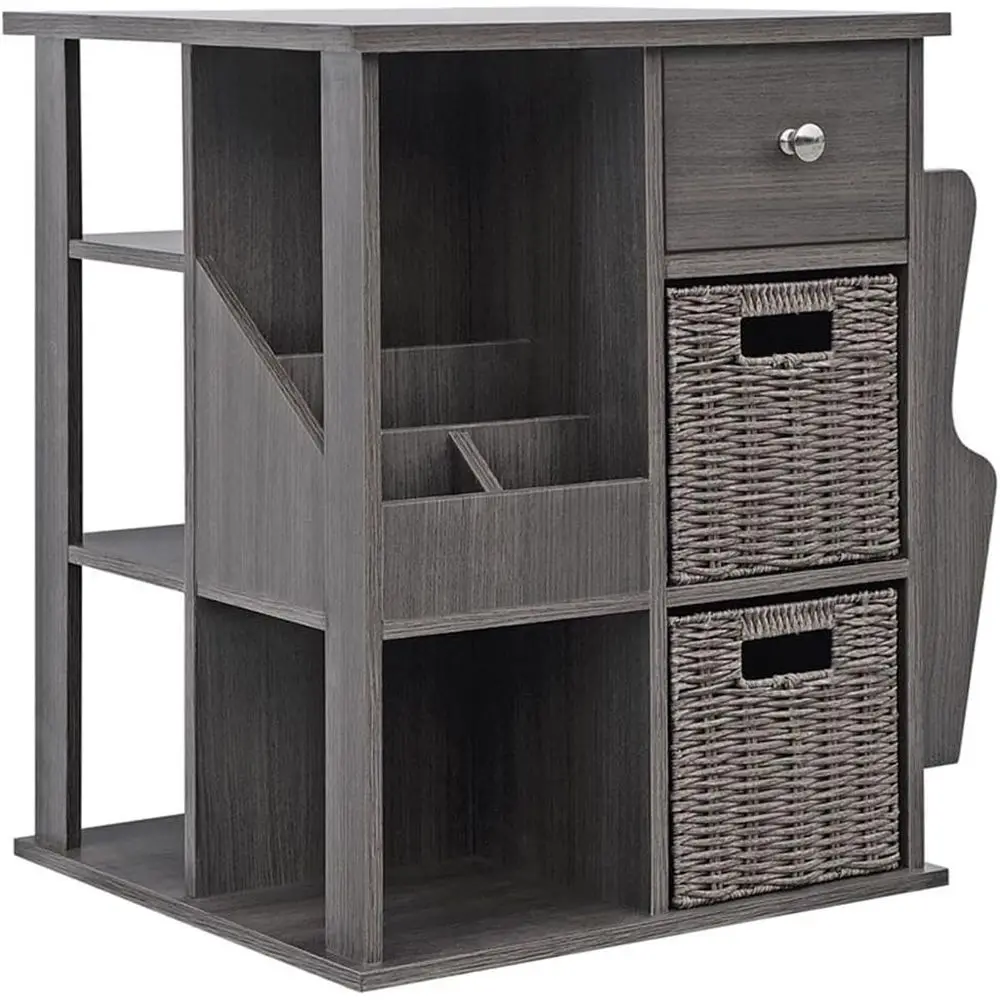 

Gray Wooden Swivel Side Table, 24H x 18W x 18D, Rattan Construction, Storage with Shelves & Magazine Racks for Living or Bedroom