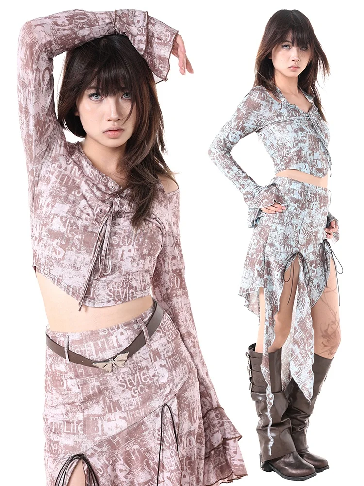 

Printed Lettering Tie-Dye Women's Two-Piece Set Irregular Hem Slim Fit ort Top Long Sve round Ne Pullover Faionable