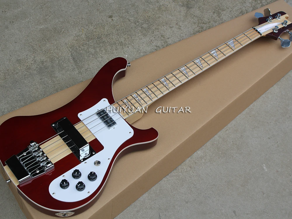 4 Strings Red-brown Electric Neck-thru-body Bass Guitar with White Pickguard,Maple Fretboard with White Binding