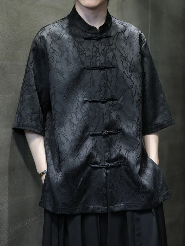 

Мужская рубашка свободного кроя с коротким рукавом, летняя, новая модель, с пуговицами, в китайском стиле, больших размеров, дышащая, тонкая