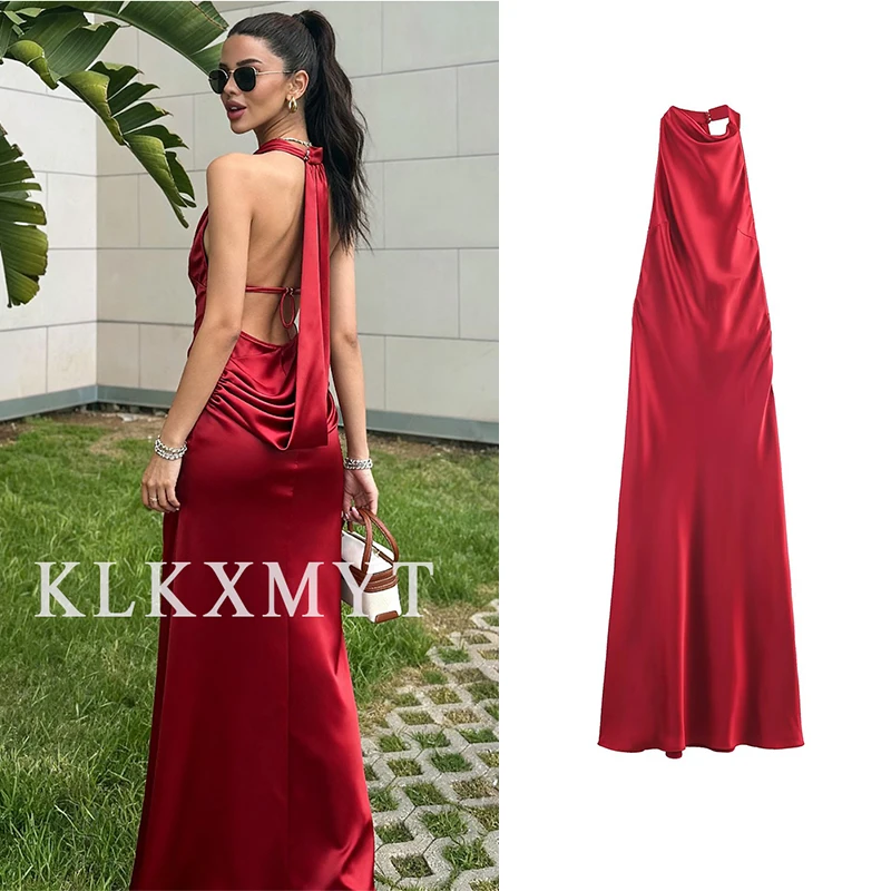 Frauen Sexy Elegante Satin Halter Langes Kleid 2025, Sommer Neue Mode Ärmellose Backless Falten Kleider Frauen Abend Party Kleid