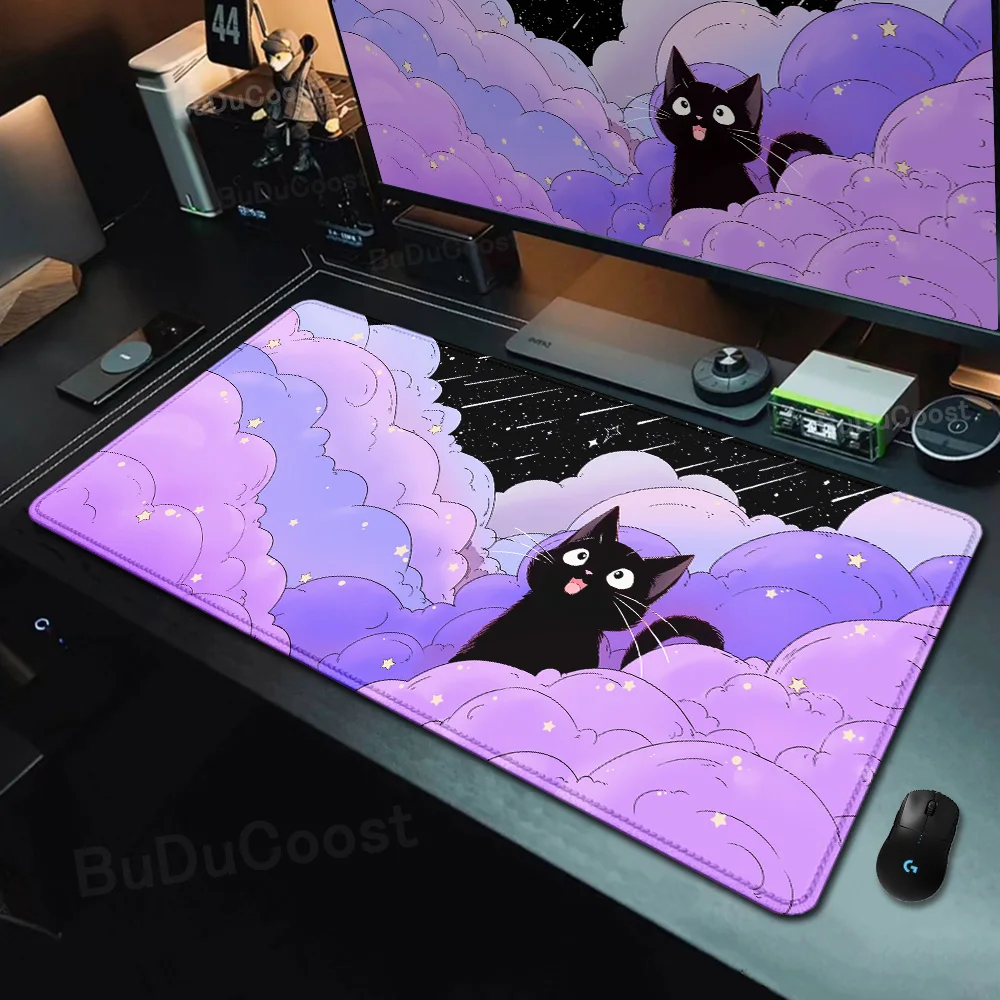 Kawaii Black Cat Mousepad Fast Delivery Keyboard Desk Mat 40x90cm Lock Edge Extend Mouse Pad Starlit Sky Office Table Protection