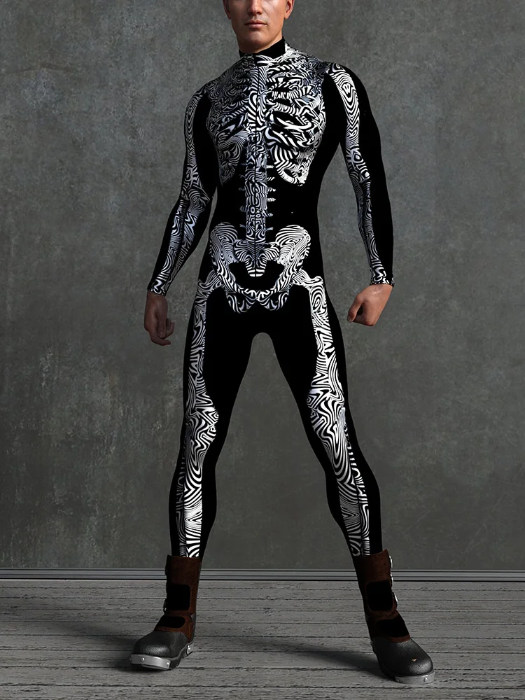 Men's Skull Skeleton Tights Jumpsuit ฮาโลวีน Zentai ชุดคอสเพลย์บอดี้สูทที่ไม่ซ้ํากันเครื่องแต่งกาย Masquerade หุ่นยนต์เสื้อผ้า