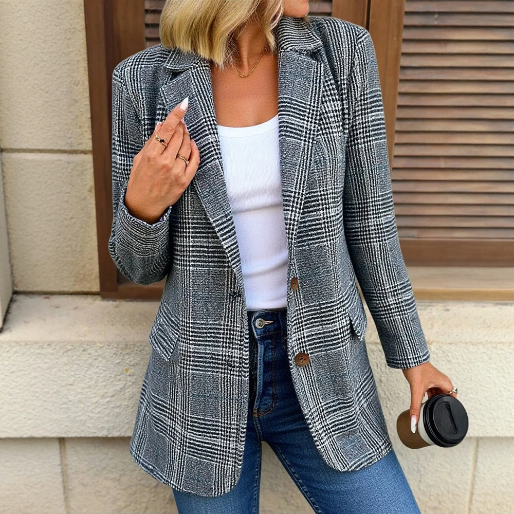 سترة نسائية 2025 متقلب رمادي أسود متباين كم طويل مفتوح من الأمام فضفاض مناسب طية صدر السترة ملابس خارجية متعددة الاستخدامات للمكتب #5