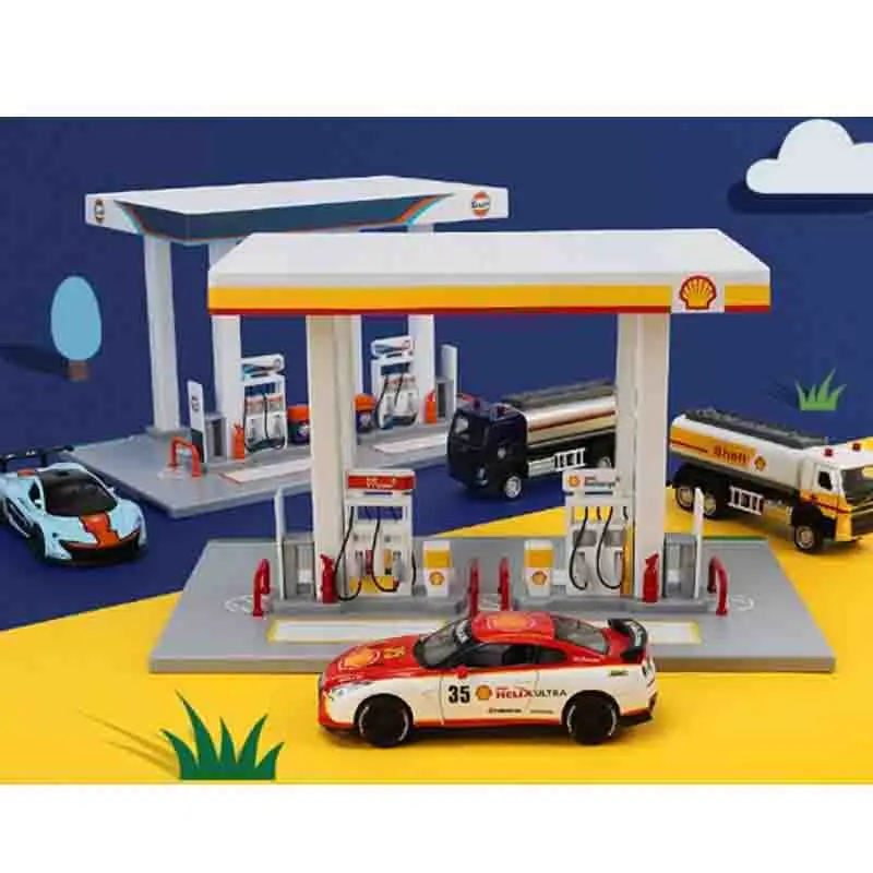 Simulierte Shell Bay Tankstelle Montage Spielzeug Thema Legierung Auto Modell Aufkleber Set kinder Spielzeug byFiFi Spielzeug