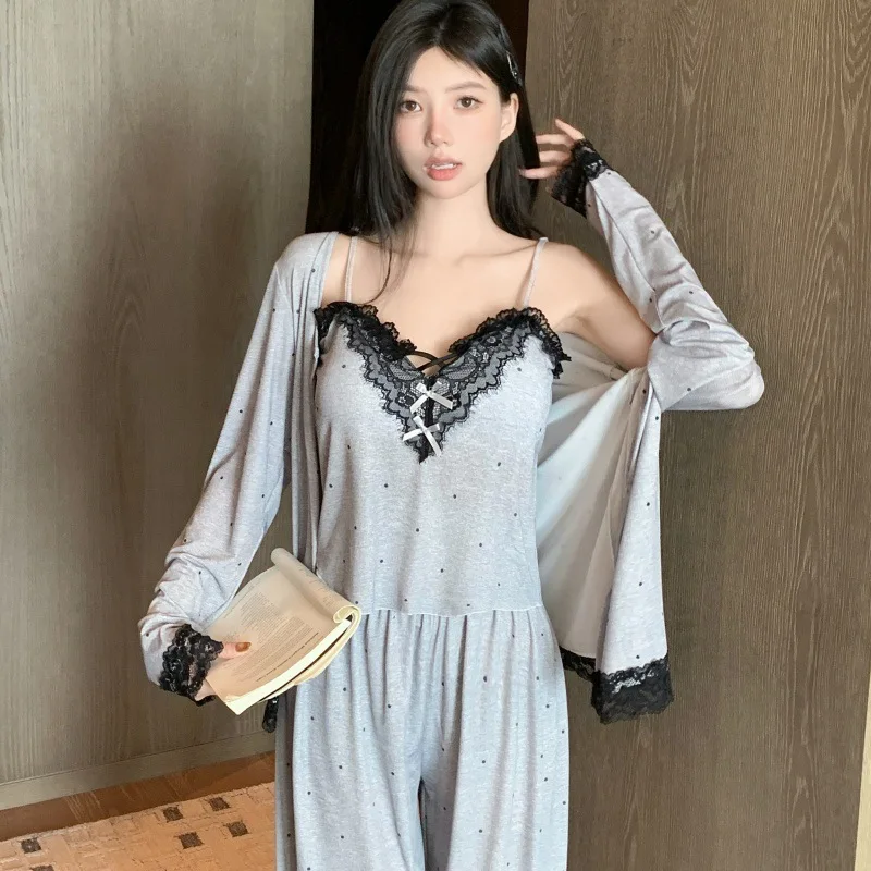 

Sexy 3Pcs Pajamas Set Modal Lingerie Trouser Pijamas Suit Autumn Winter New Sleepwear Casual Pyjama