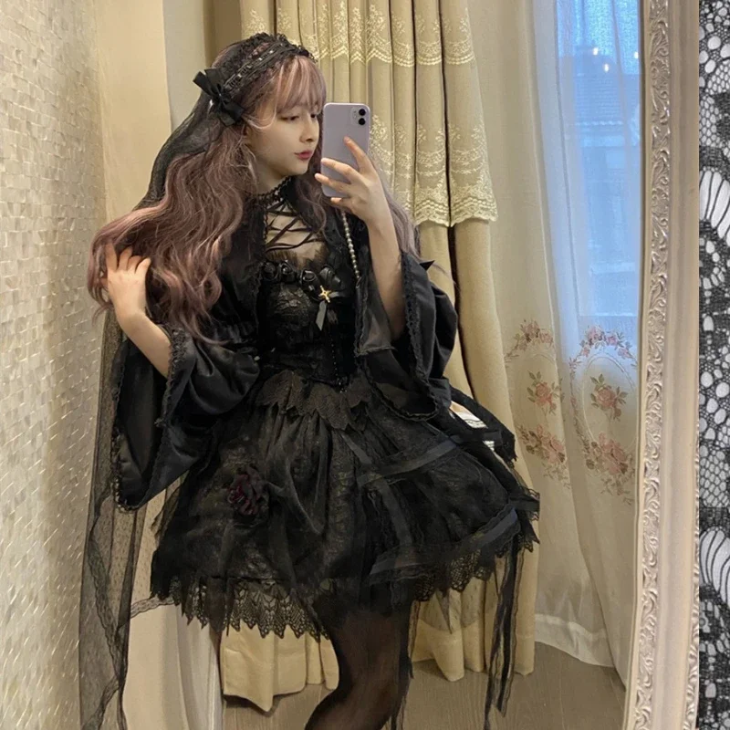 Vestido Lolita Vintage victoriano japonés para mujer, vestidos de tirantes de princesa rosa de encaje gótico, vestido de Cosplay clásico negro