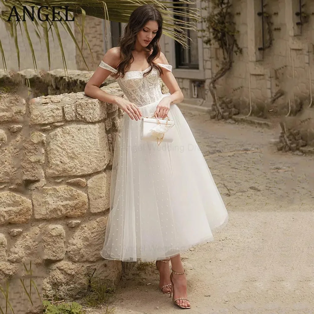 

ANGEL Off The Shoulder Sweetheart Short A-Line Wedding Dress Lace Applique Mid-Calf Bridal Gown Tulle Glitter Vestido De Novia