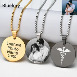 Bluelory Personalized Stainless Steel Round Tag Necklace Laser Engraved Name Photo Logo Words Necklaces For Men Women Jewelry