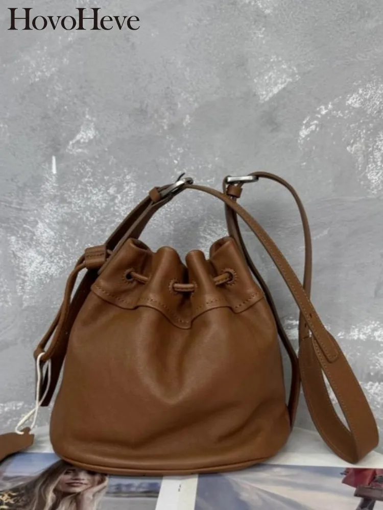 Female Drawstring Genuine Leather Sling Bags Versatile Ladies Fashion Handbag Solid Color Cowhide Single Shoulder Bag