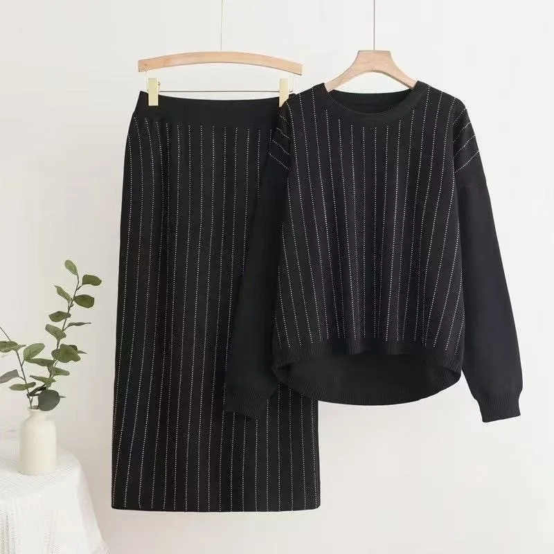 

New Foreign Trade Fashion Hot Diamond Set Skirt Round Collar Head Knitted Versatile Loose Middle Skirt Two Piece Set