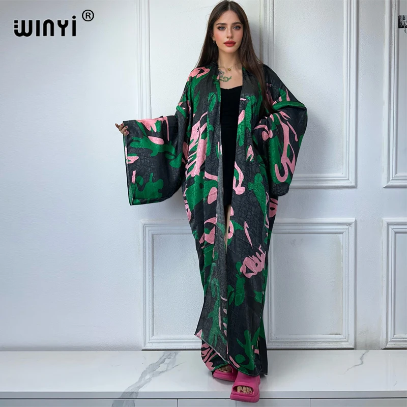 WINYI 2024 High-quality Double-sided Print Silk feel Dress Beach Wear Boho Cardigan abaya women muslim dress Long Sleeve Kimono