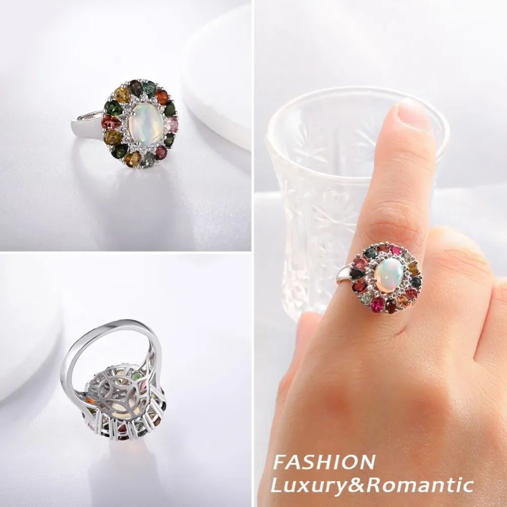 GZ ZONGFA 925 Sterling Silver Natural Opal Wedding Rings for Women 3.5 Carats Colourful Tourmaline Gemstone Custom Fine Jewelry