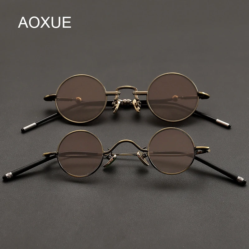 

Small Round Crystal Glass Sunglasses Man Vintage Punk Natural Mineral Sun Glasses Woman Brown Stone Lens Copper Anti Scratch