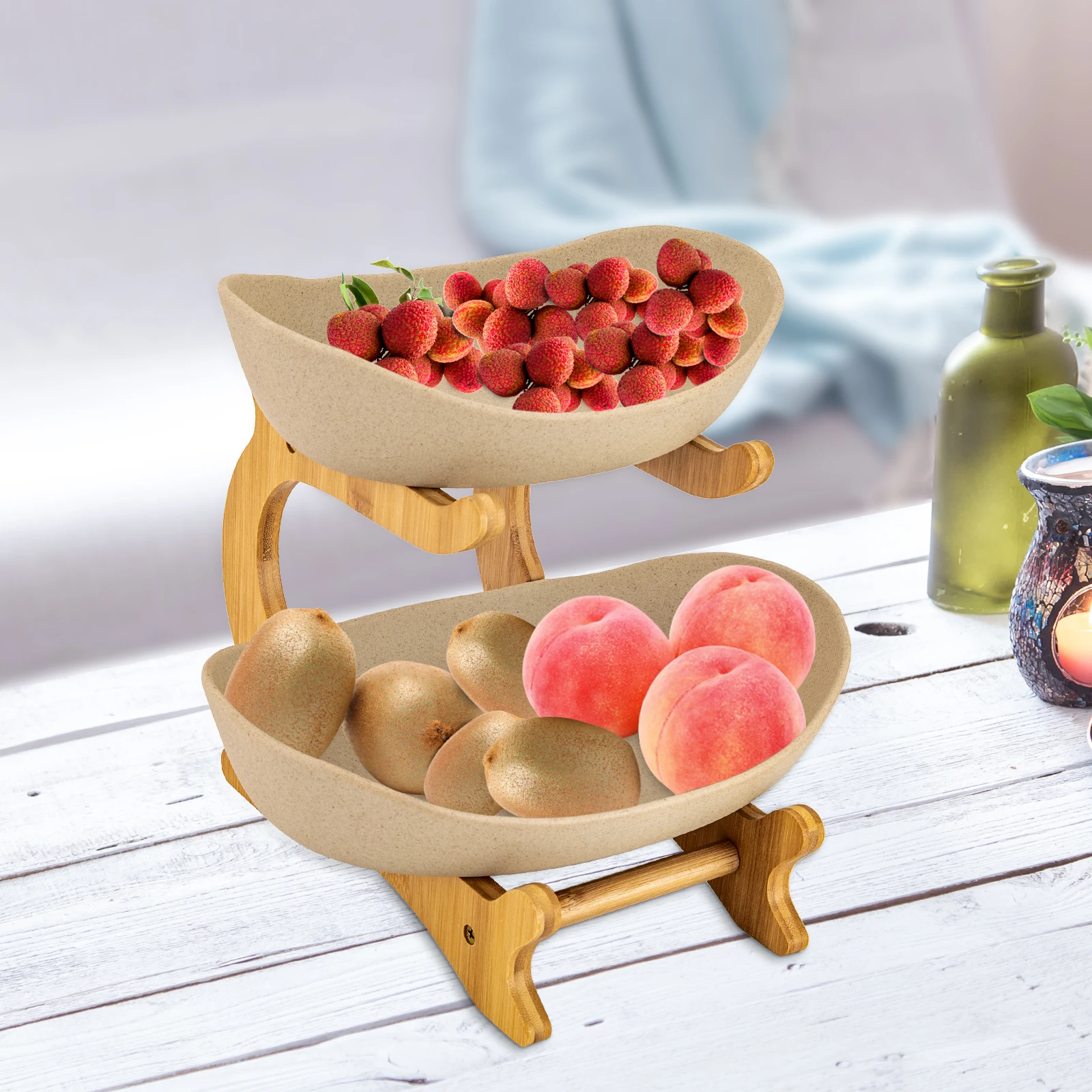 Two‑Tier Fruit Bowl for Kitchen Counter, 2‑Tier Ceramic Fruit Basket with Bamboo‑Wood Rack, Large‑Capacity Multi‑Purpose Serving Tray for Snacks, Candy, Tabletop Home Decoration