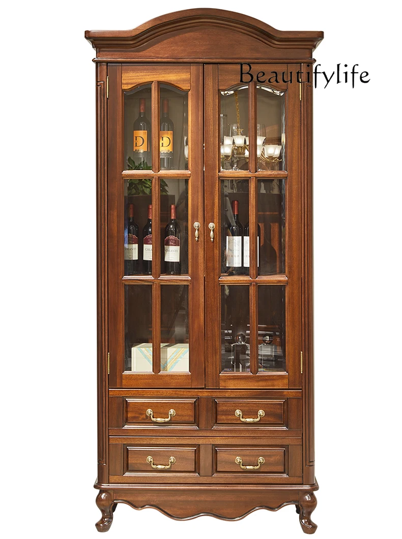 Black walnut solid wood cabinet American country light luxury glass door vertical cabinet high-grade wall wine display cabinet