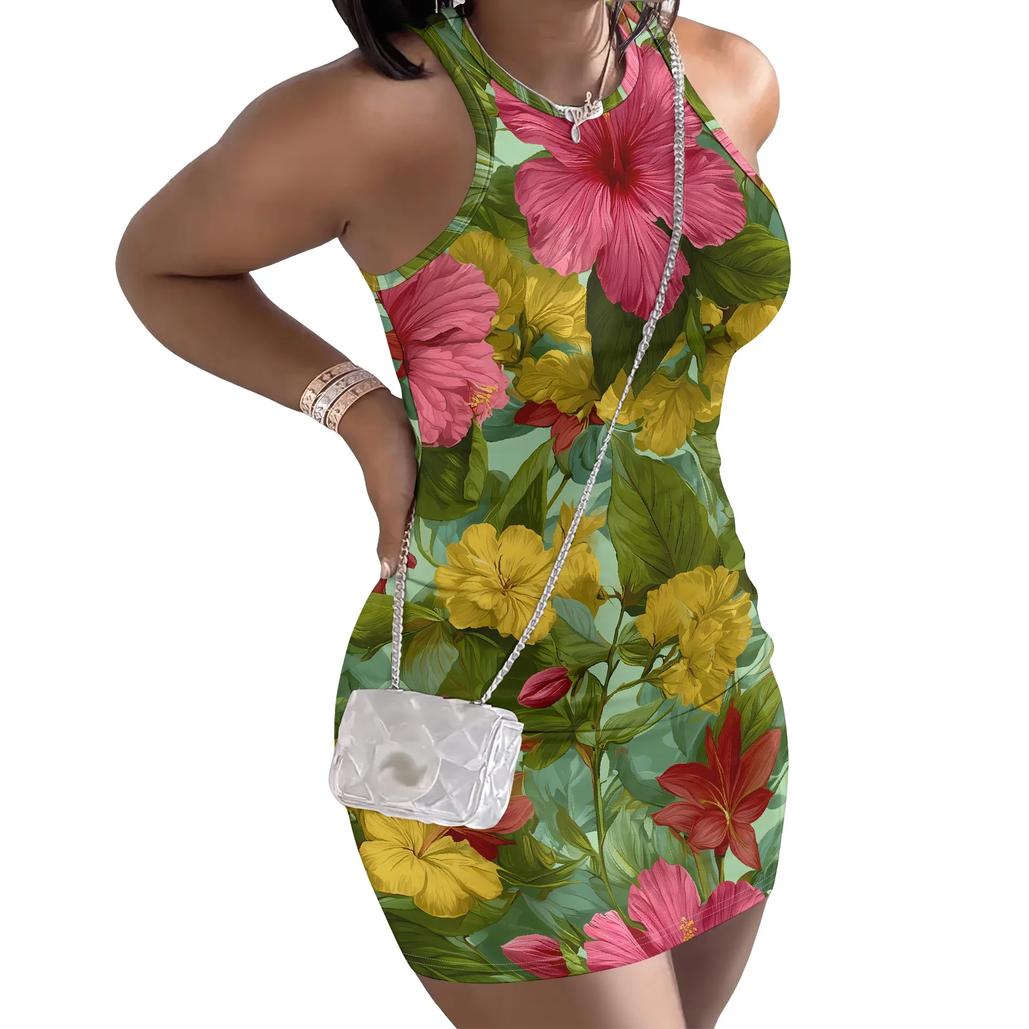 Vibrant Floral Print, Women's Sleeveless Bodycon Dress, Tropical Hibiscus Pattern, Summer Mini Dress for Beach & Party, S-2XL