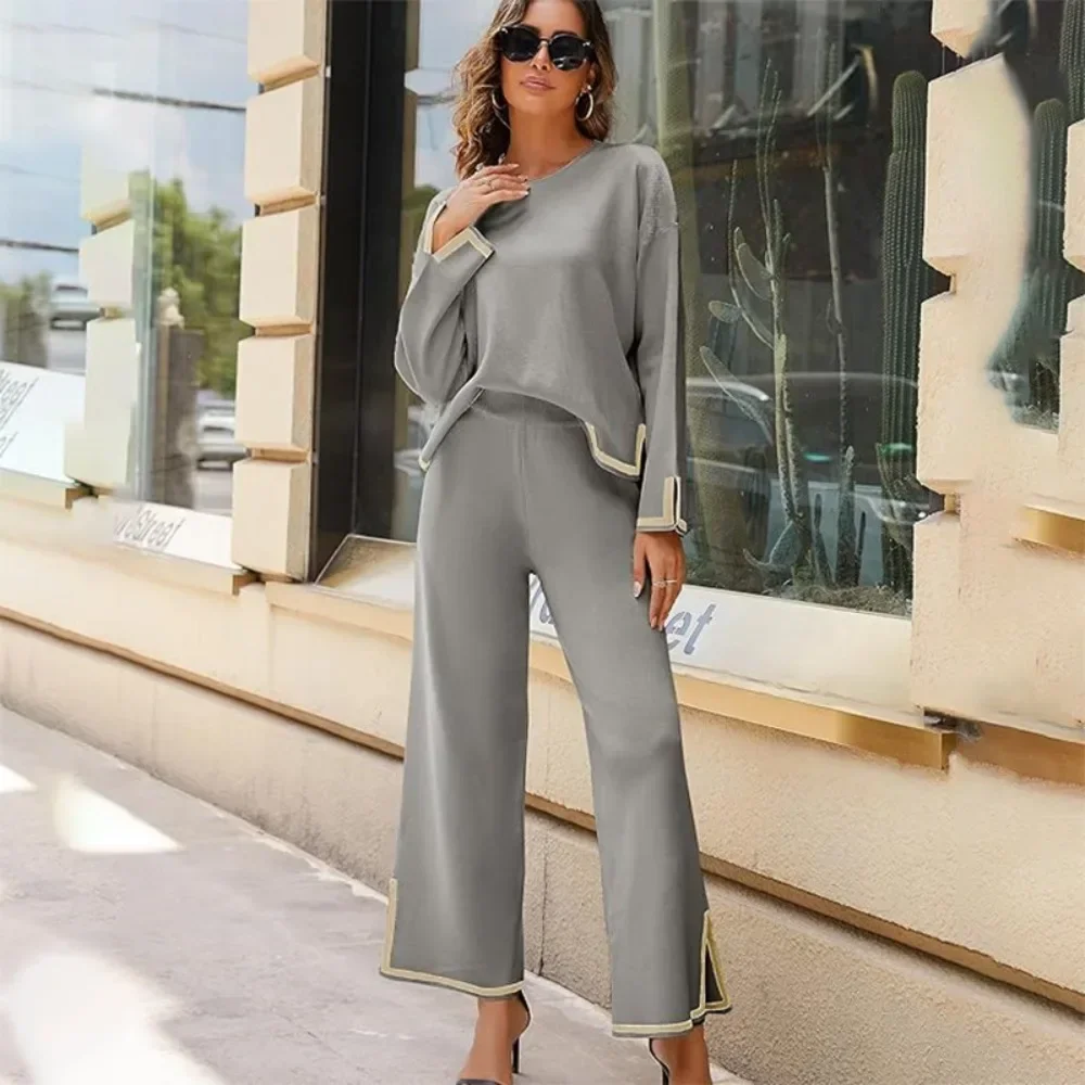 European and American Style Knitted 2-Piece Set - Long Sleeve Loose Top with Wide Leg Pants, Home Wear Casual Round Neck Suit