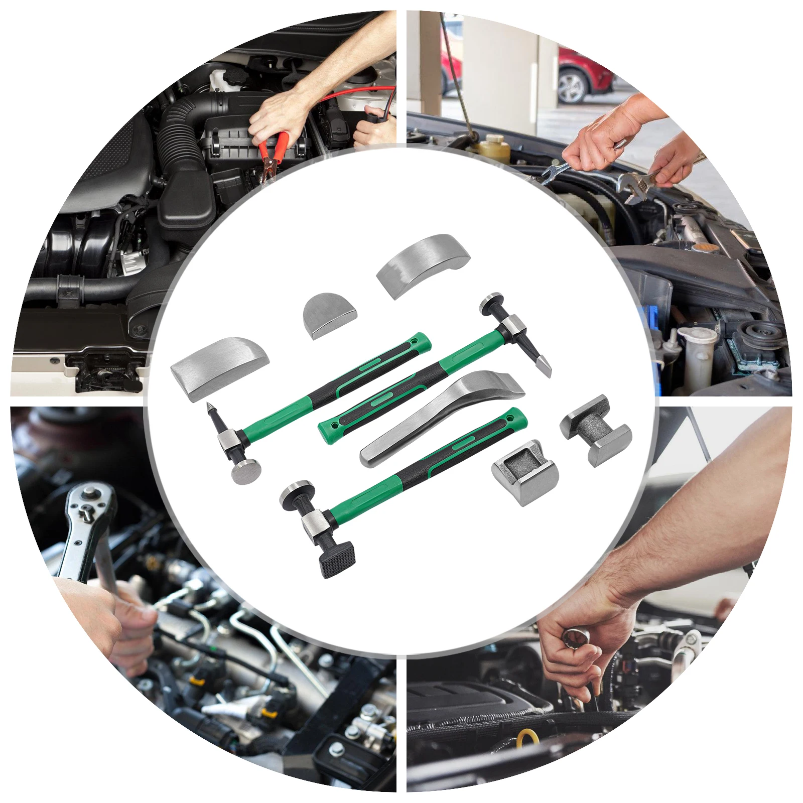 9PCS Auto Body Dent Repair Tool Kit Green Handle Metal Hammer Set DIY Sheet Metal Repair Tools for Car Dents