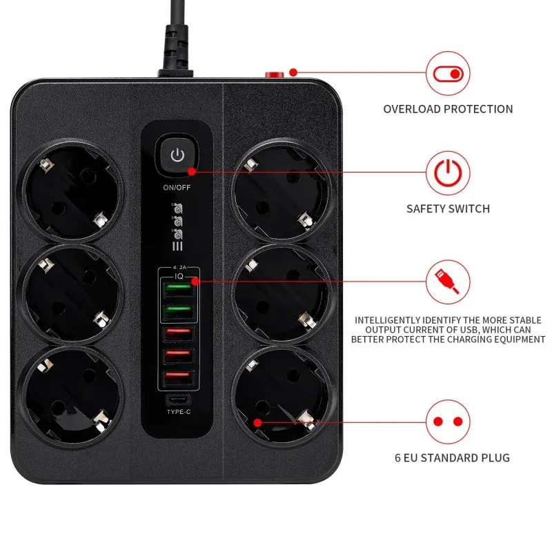 Extension Socket With Safety Switch Power Strip For Office Home EU Plug 3000W 2M Cable Overload Protection USB Type C Ports view 4
