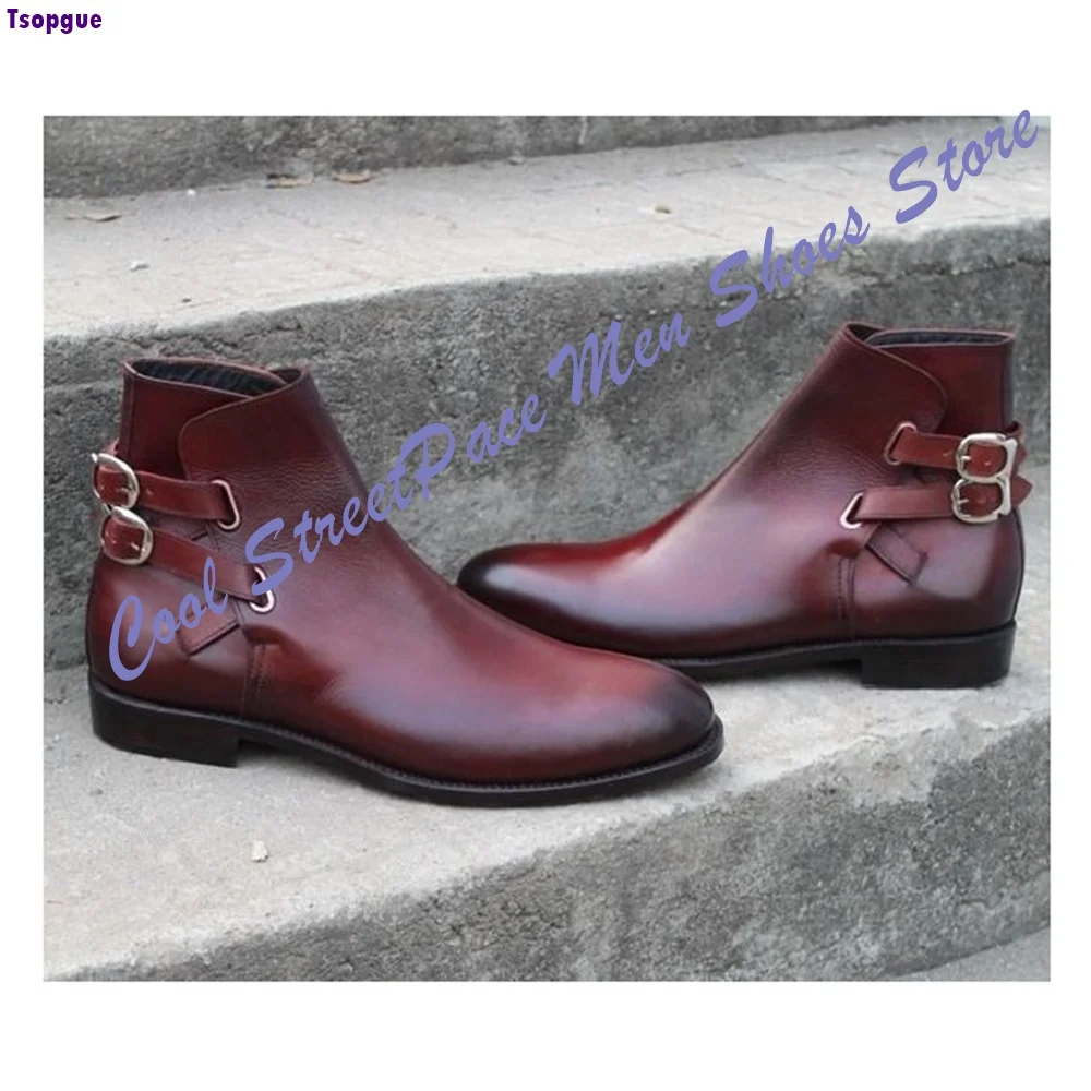 Wine Red Polished Leather Men Ankle Boots Multi Adjustable Buckle Straps Round Pointed Toe Retro Fashion Street Boots Men Shoes