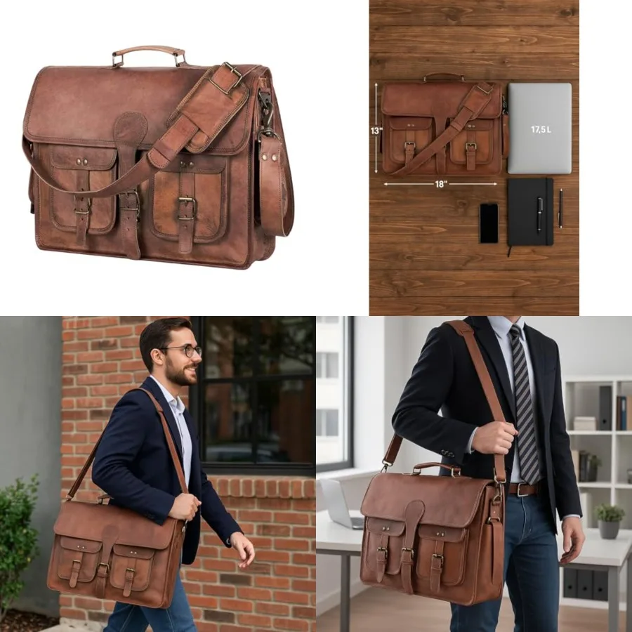 Leather Messenger Bag for Men and Women 18 inch Large Vintage Leather Briefcase Laptop Shoulder Bag Unisex Crossbody Messenger