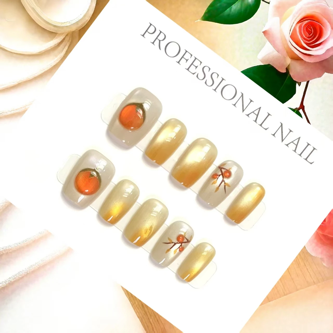 Imprensa artesanal de luxo em unhas, escada ultra curta, design de caqui com ferramentas de 4 peças, abas adesivas super fortes com 10 peças