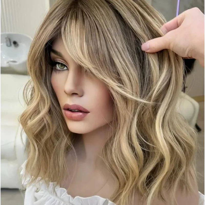

Highlight Ombre Ash Blonde Brown Body Wave Middle Part Lace Front Wig Synthetic High Quality Wig Front Lace Wigs Heat Resistant