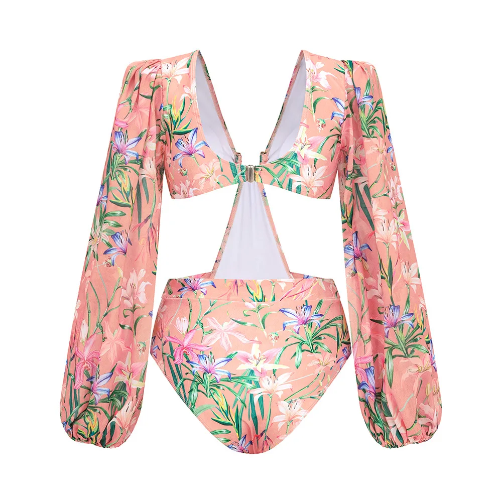 Traje de baño Floral Vintage para mujer, conjunto de Bikini de una pieza, falda de playa, traje de baño de poliéster, vestido Maxi