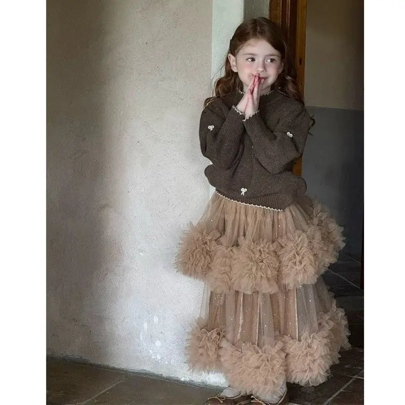 Children Elegance Clothing Winter Girls Clothes Set Fashion Pullover knit Sweater Top+Layered half-length Skirts 2Pcs Suits Kids