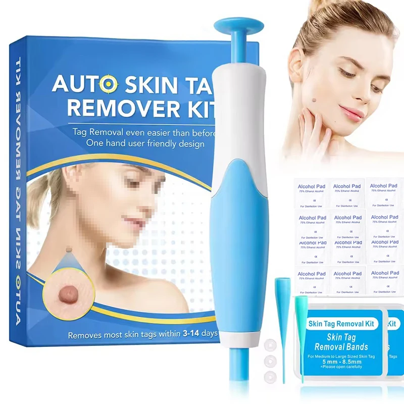 2-IN-1 Auto Skin Tag Removal Tool Kit Painless Skin Label Mole Acne Wart Removal Pen with Cleansing Swabs Facial Skin Care Tool