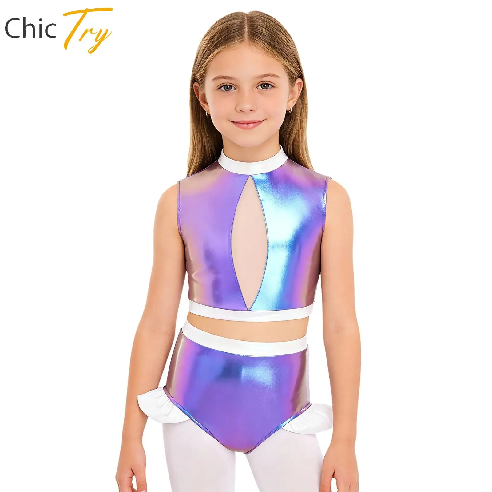 

Kids Girls Gymnastics Athletic Figure Skating Ballet Dance Performance Outfit Swimwear Sleeveless Metallic Crop Top+Shorts Set