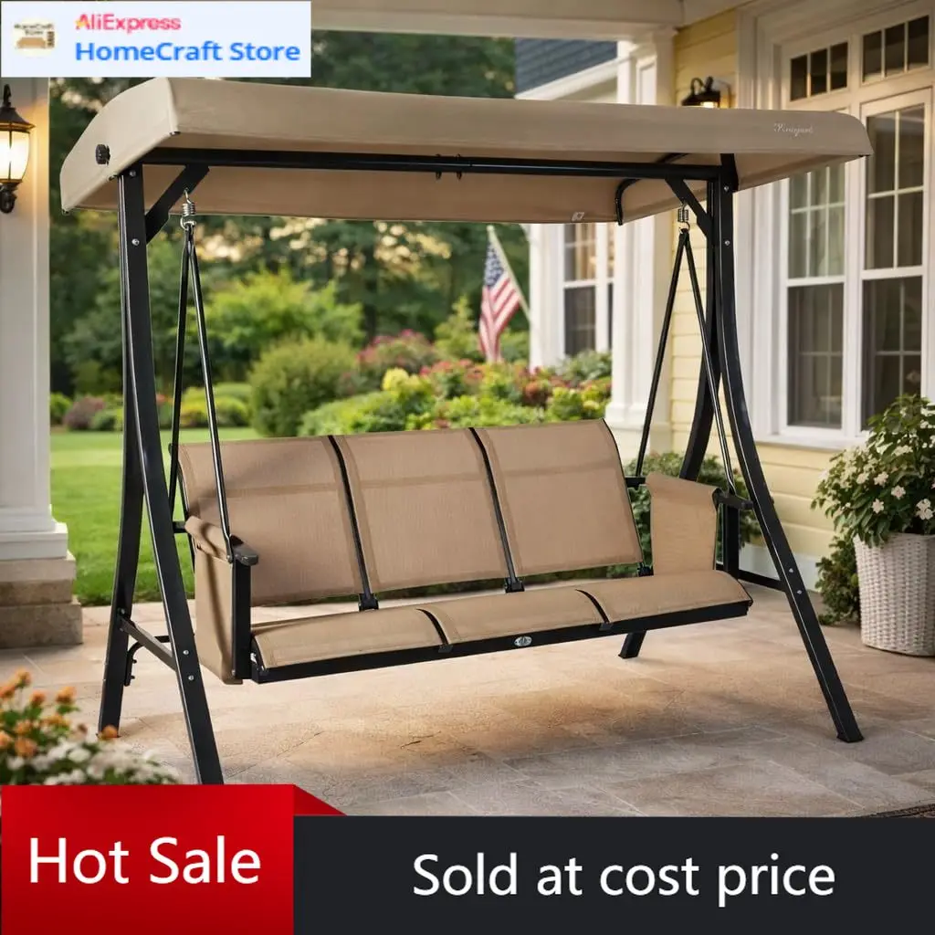 

Трехместные уличные качели-глайдер с регулируемым навесом, стальным каркасом, дышащим сиденьем из текстилена, боковыми карманами на спинке, цвета тан, для патио и веранды