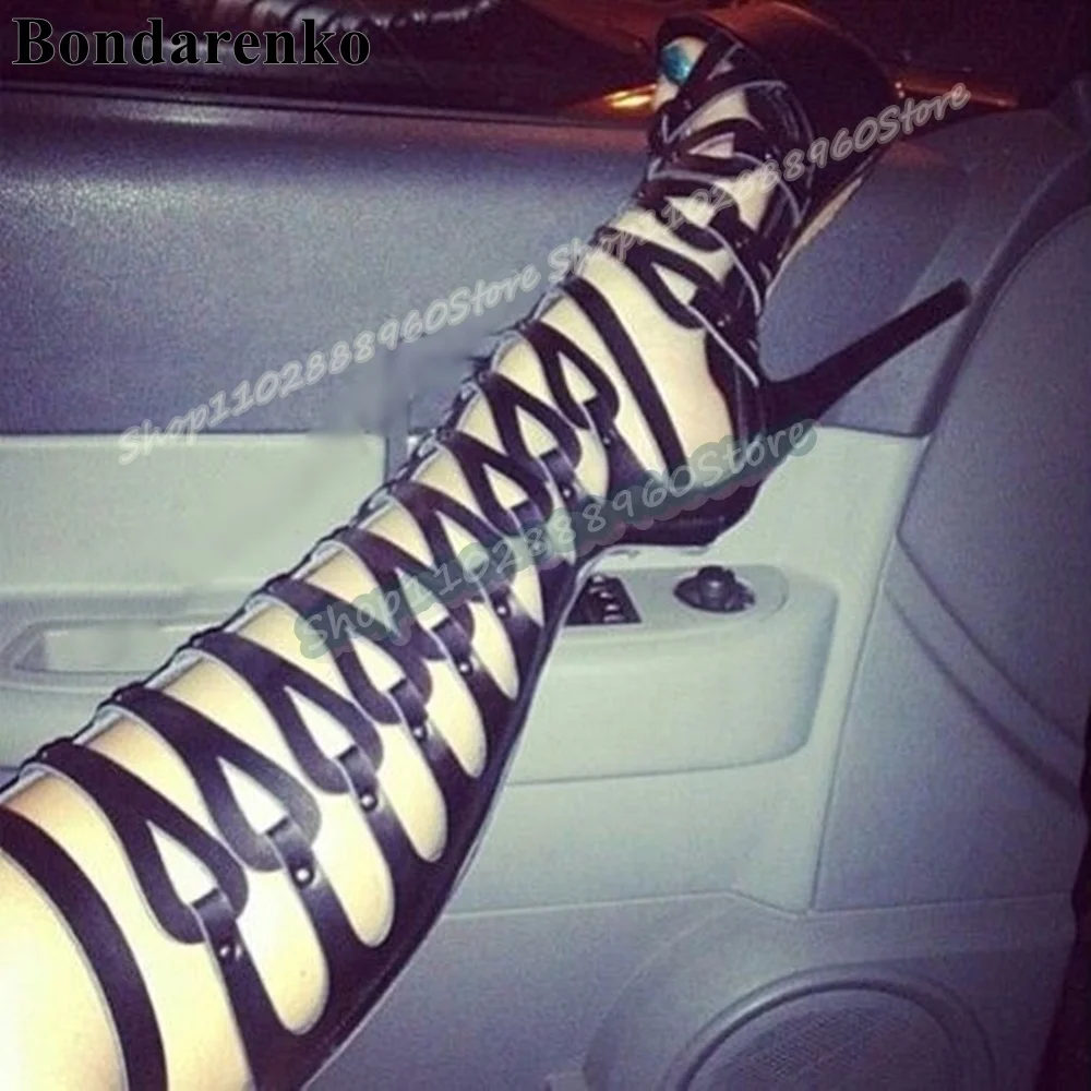 Stijlvolle kniehoge bruine lederen band platform sandalen dunne hoge hak damesschoenen terug rits peep toe party zapatos para mujer